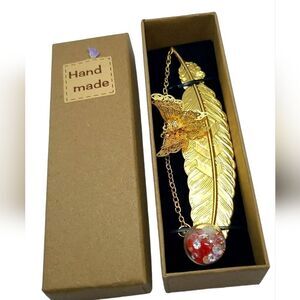 🎁 Gold Metal Feather Bookmark 3d Butterfly Eternal Dry Flower Gift Idea in Box